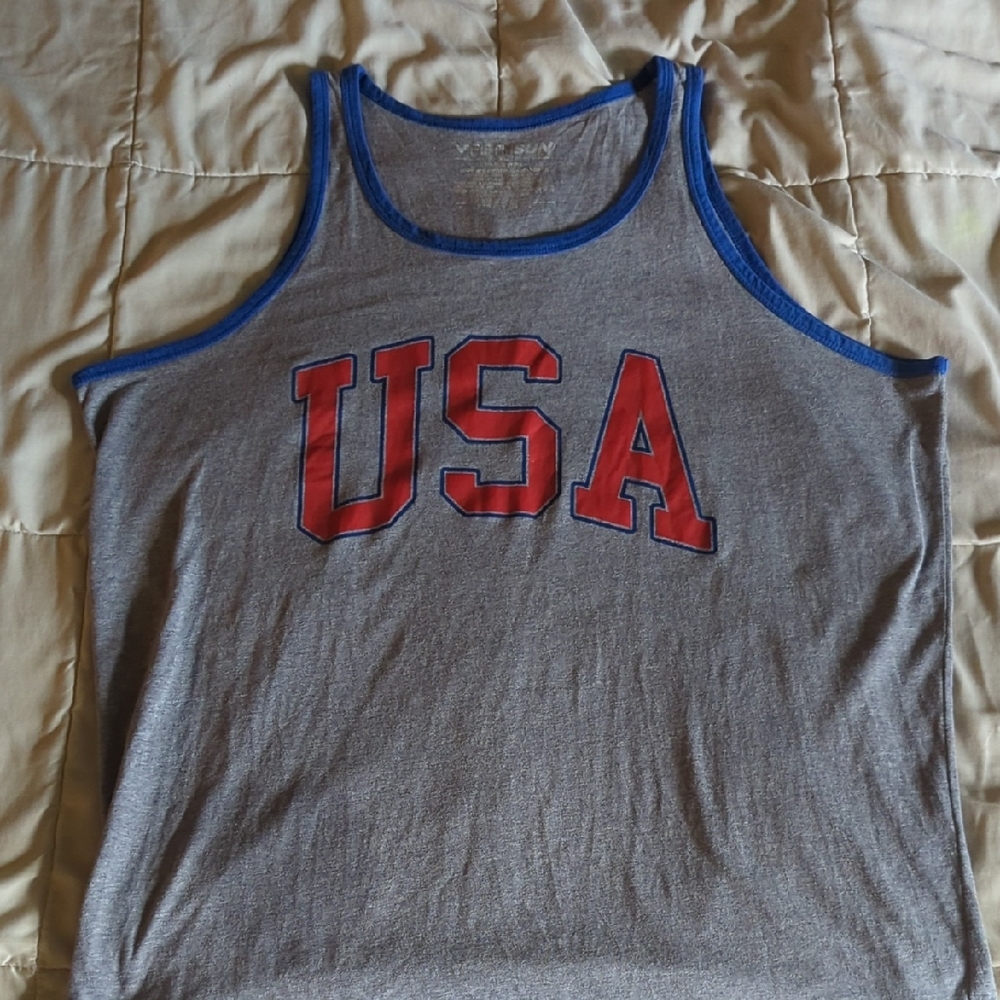 USA Gray Tank Top with Blue Trim